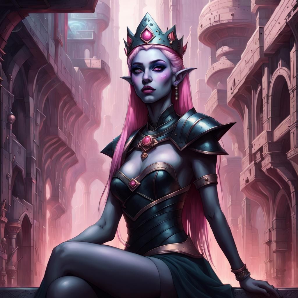 Drow Queen in Hyper-Realistic Sci-Fi City