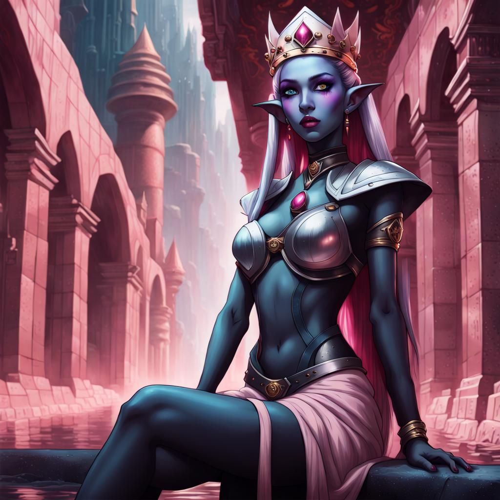 Pink-Haired Drow Queen in Hyper-Realistic Sci-Fi City