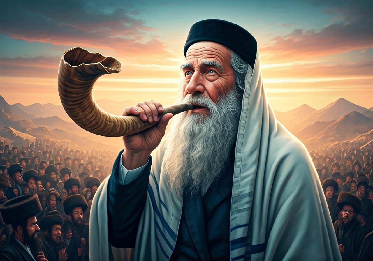 Jewish Man Blowing Shofar in Art Nouveau Style