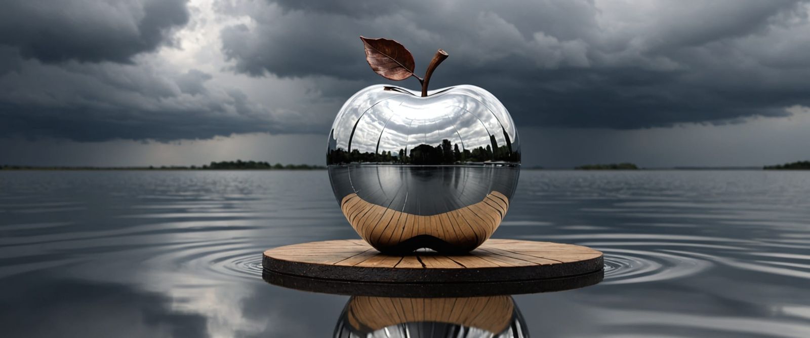 Silver Apple Sculpture Reflects Stormy Sky