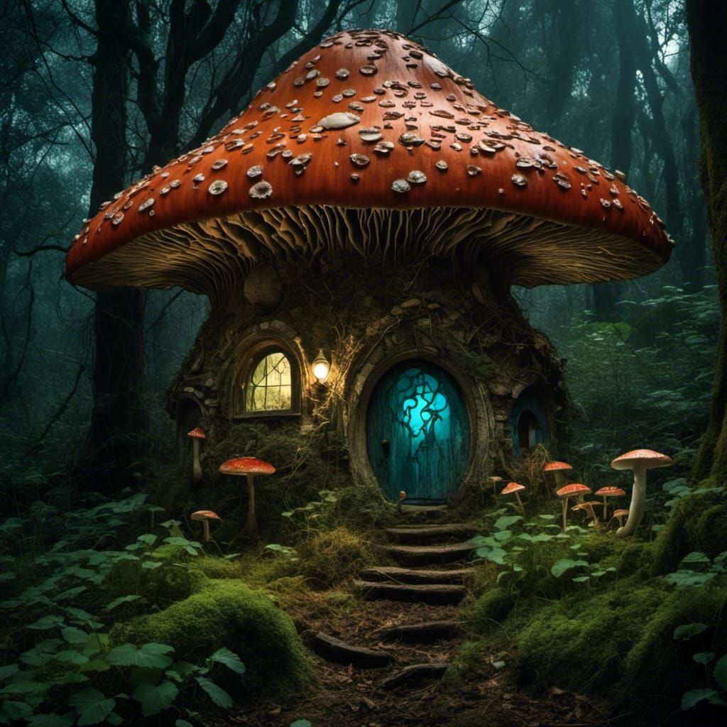 Enchanted Fairy Mushroom House in Bioluminescent Forest