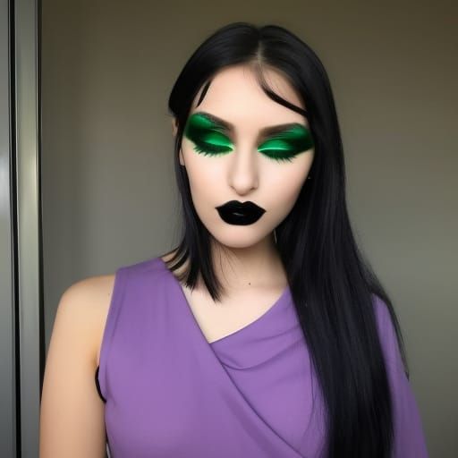 Beautiful young lady with long jet black hair& Beautiful emerald green eyes that are almond shaped& Long lashes& Black e...