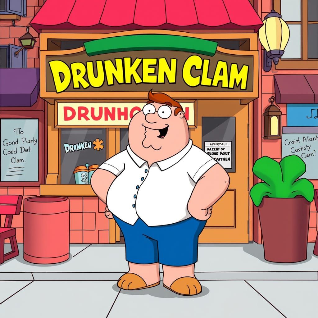 Peter Griffin at the Drunken Clam in Cartoon Style