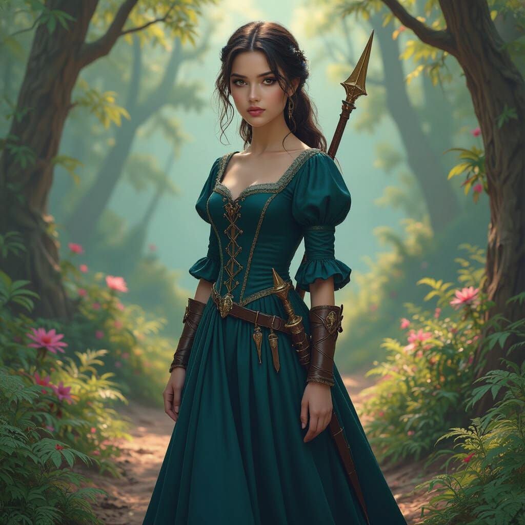 Fantasy Girl in Teal Gown, Detailed Matte Painting
