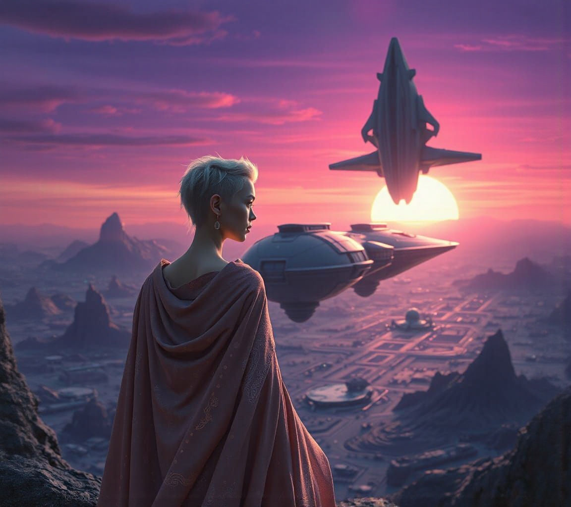 Alien World: Spacecraft Ascending at Double Sunset