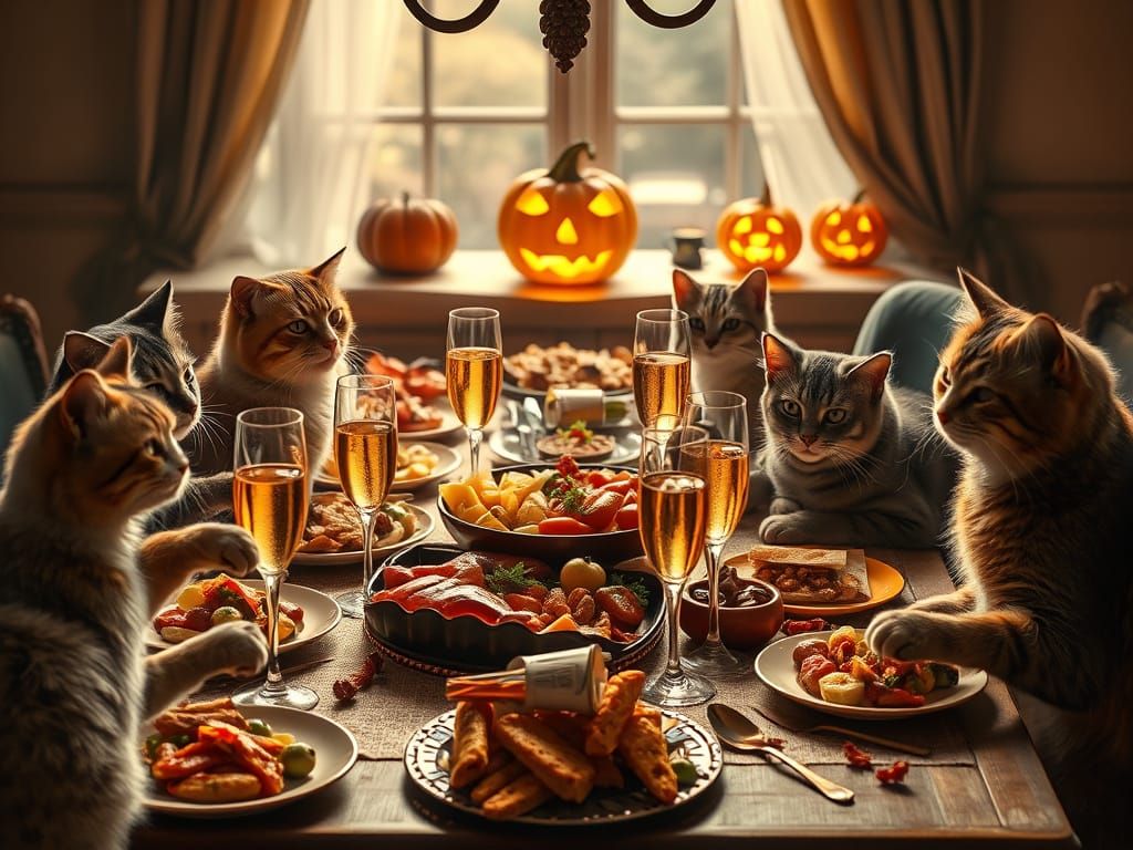 Cat Family Halloween Feast in Warm, Cinematic Light
