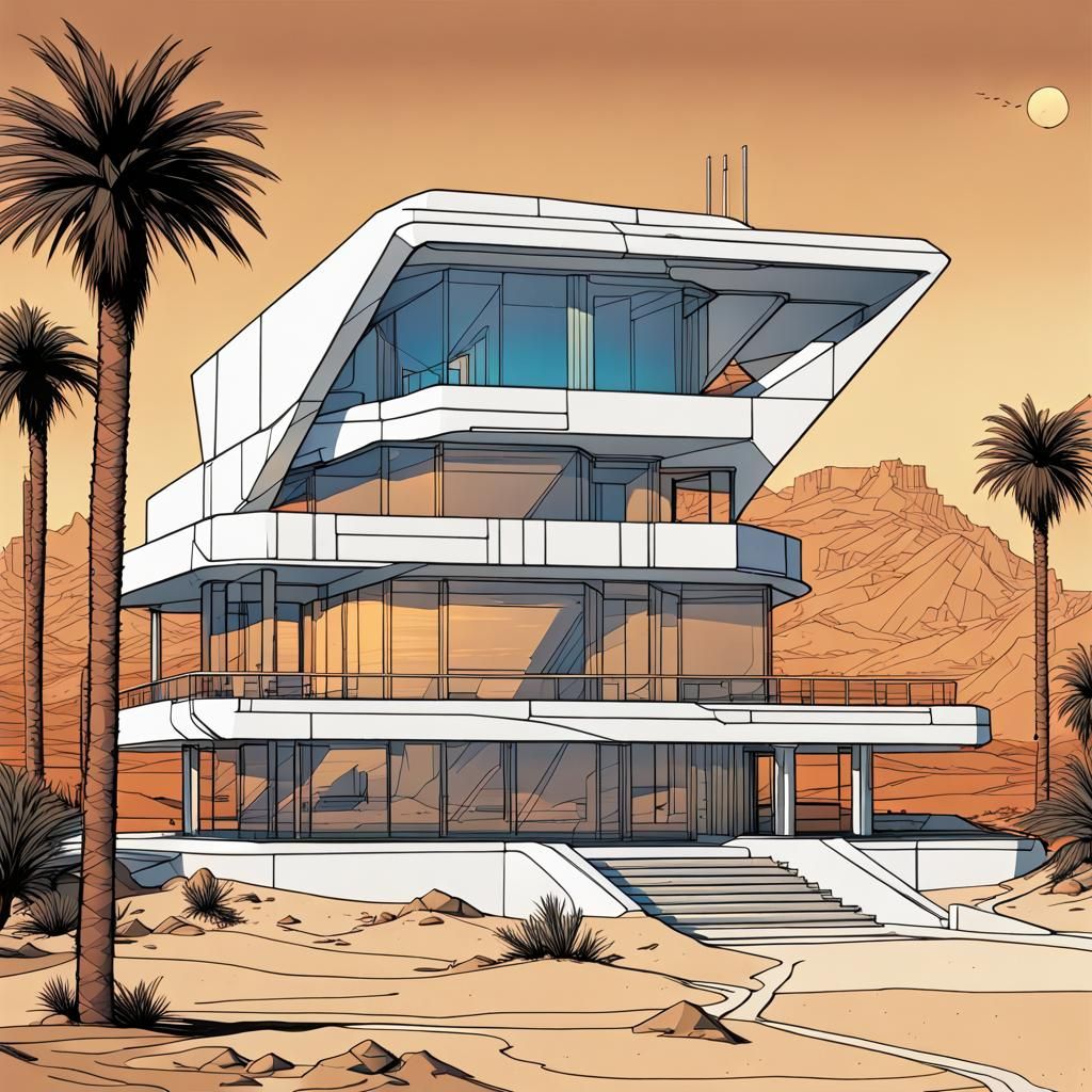 Futuristic Mansion on Sandy Beach in Moebius Style