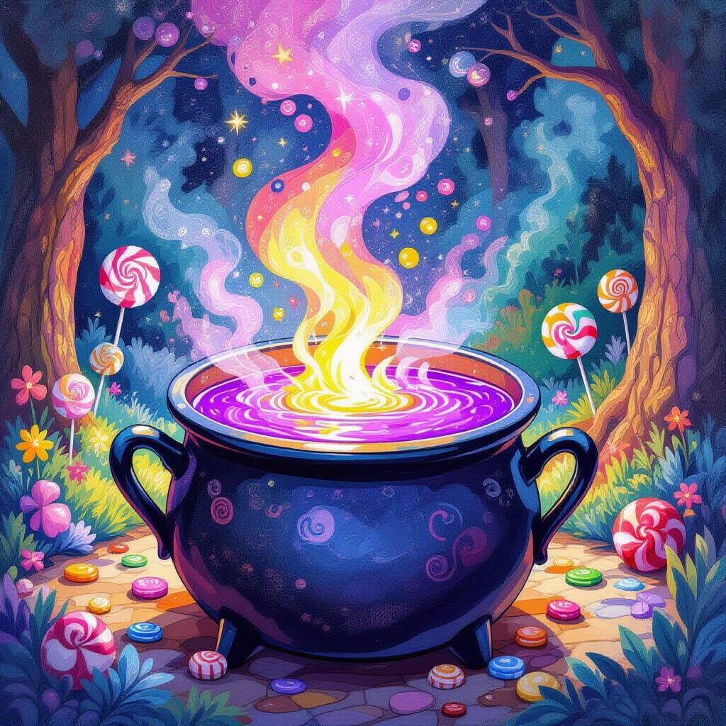 Cauldron filled with a boiling purple liquid 108