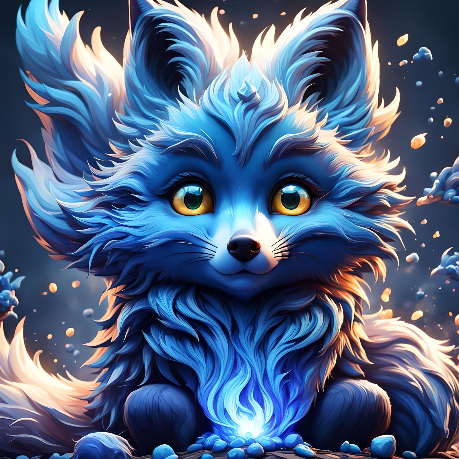 Cute Blue Fox with Blue Fire, Fantasy Concept Art