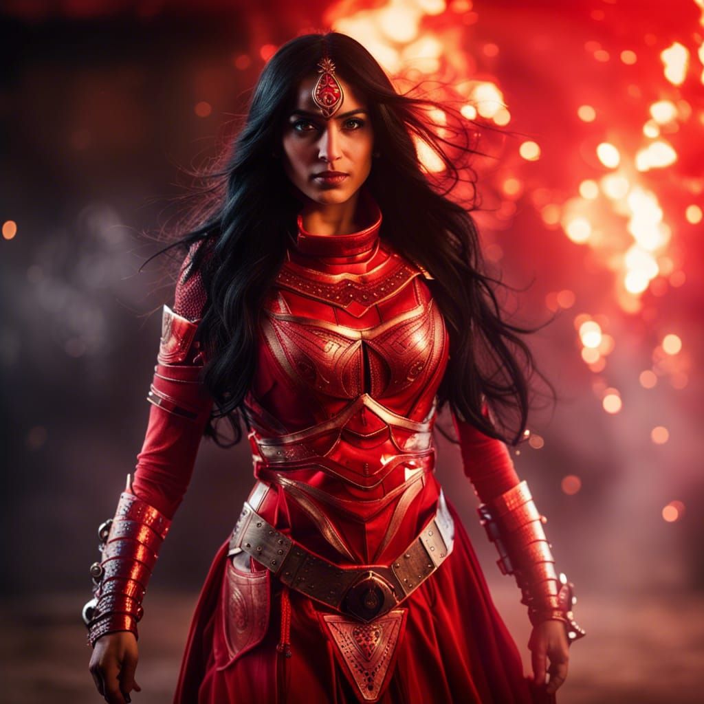 Indian Superheroine in Red Armor with Fire and Water