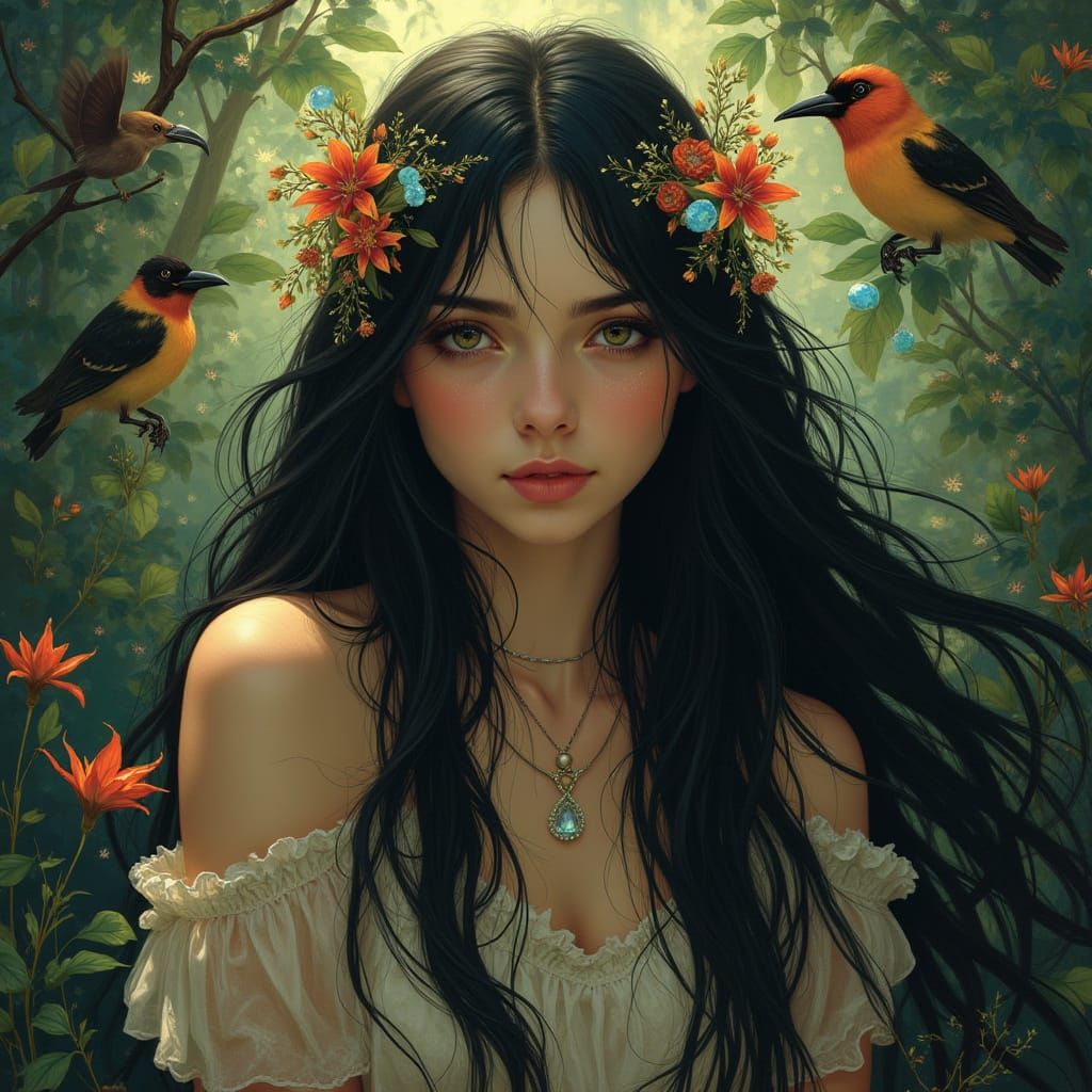 Enchantress in Sunlit Forest, Art Nouveau Style