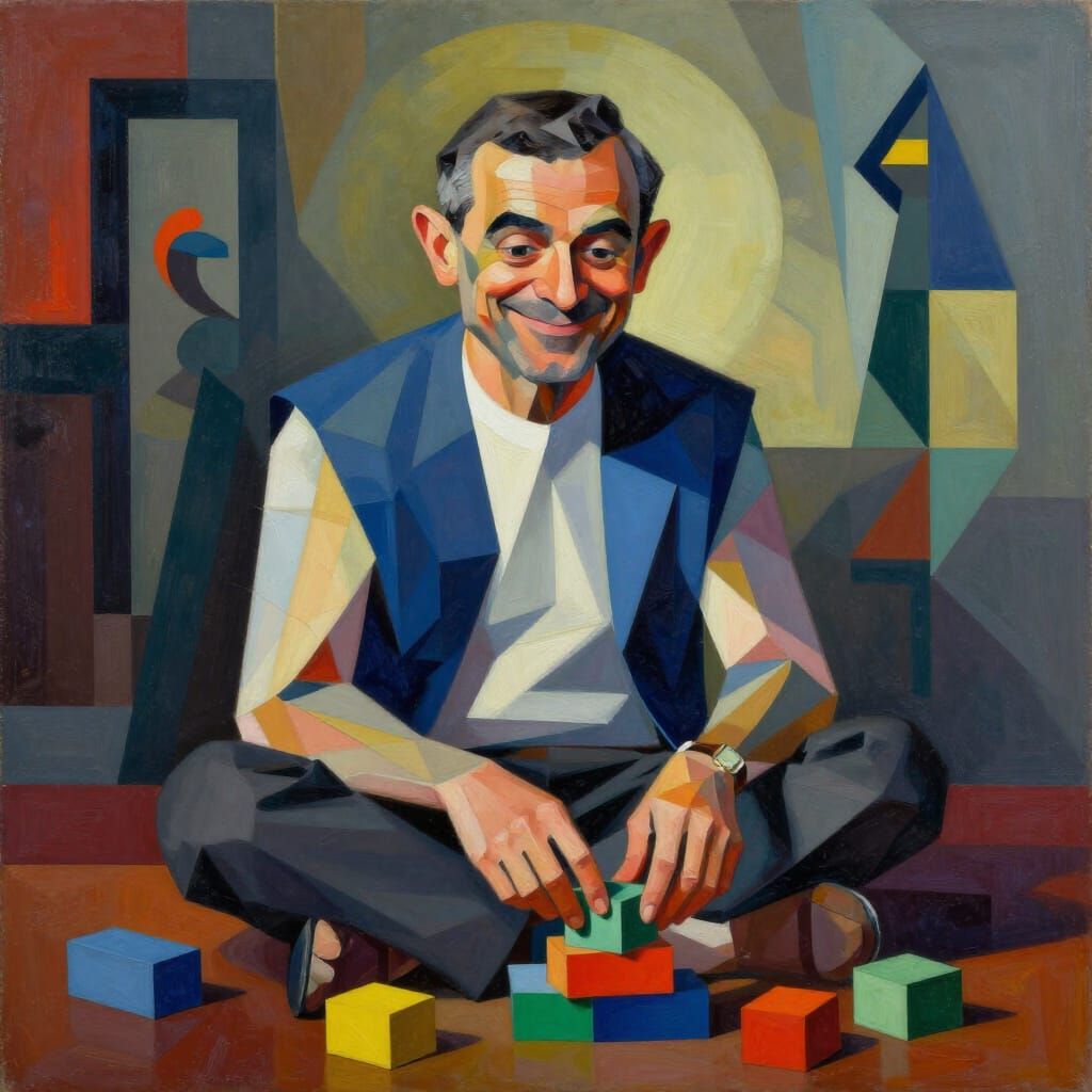 Cubist Mr. Bean Playing with Blocks