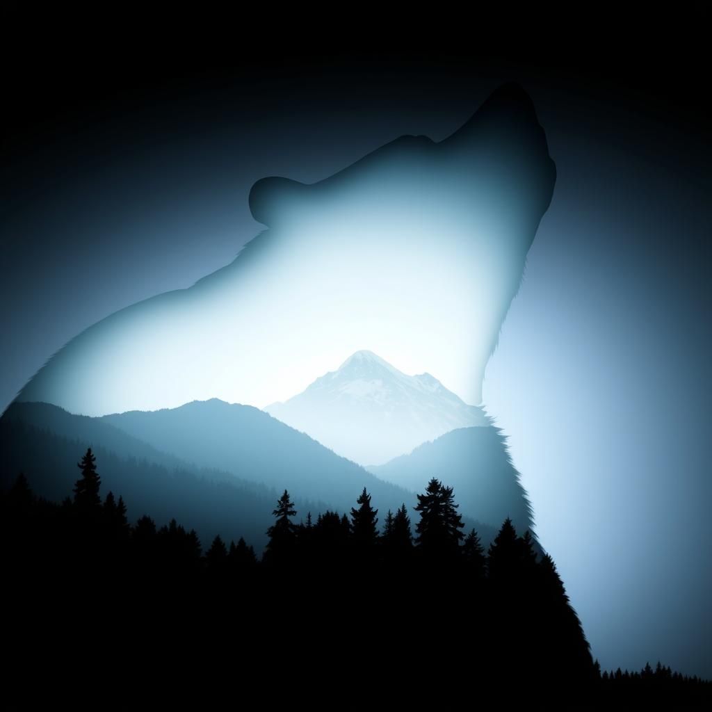 Bear Silhouette Reflecting Mountain Forest Landscape