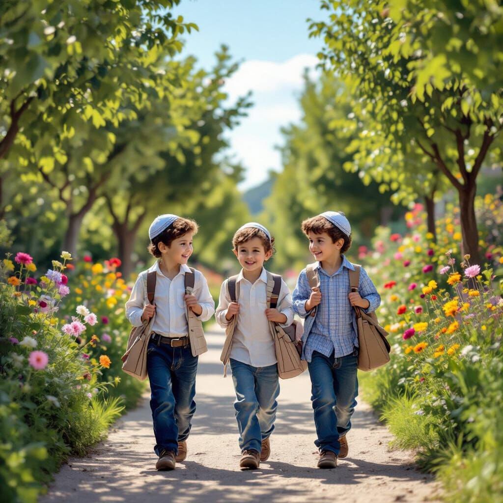 Boys in Kippahs Walk Through Sunny Garden Path