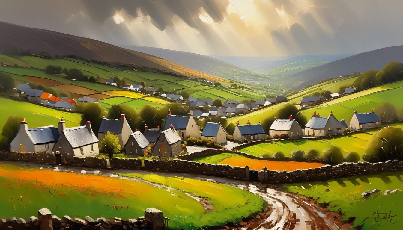 Impasto Painting of a Tiny Irish Village in a Valley