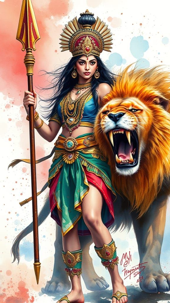 Goddess of courage with lion's fierce heart