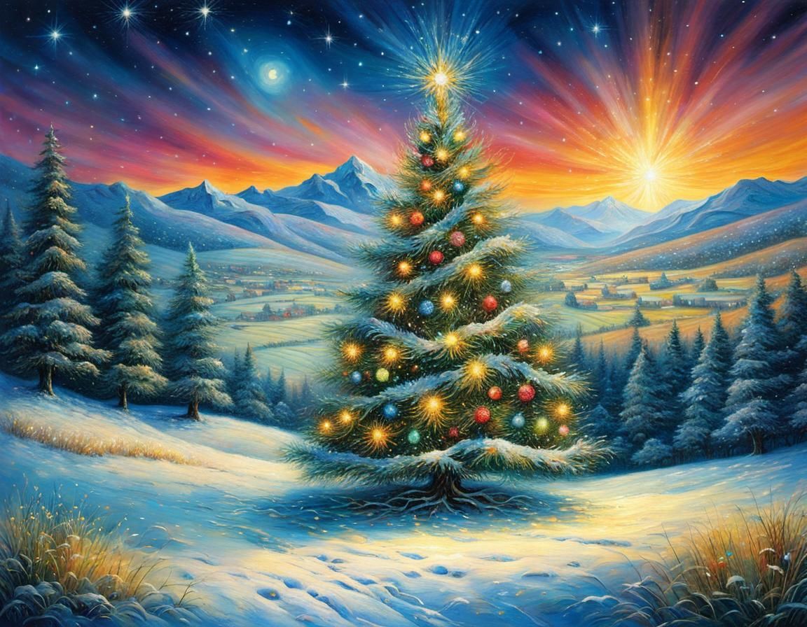 Winter Solace: A Serene Christmas Tree in a Snowy Meadow, in...