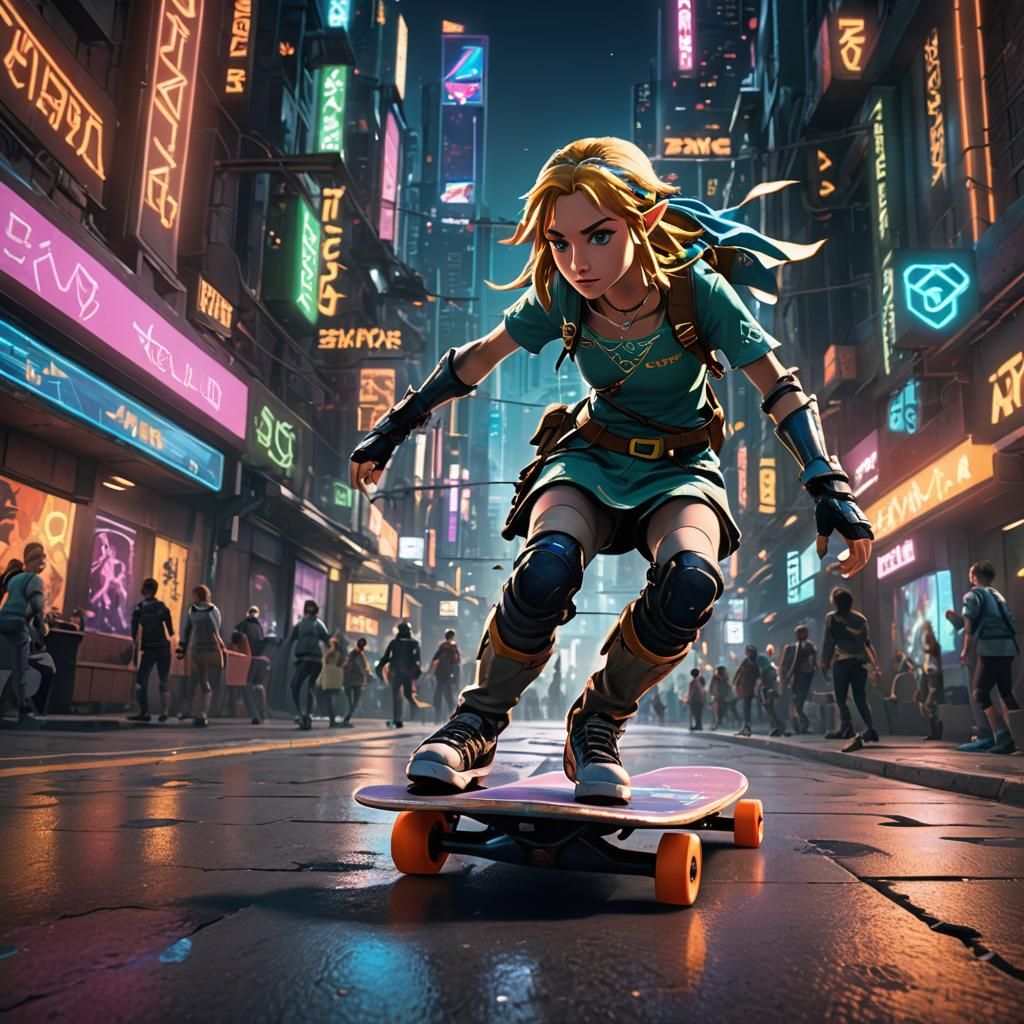 Zelda Skateboarding in Sci-Fi City: Concept Art