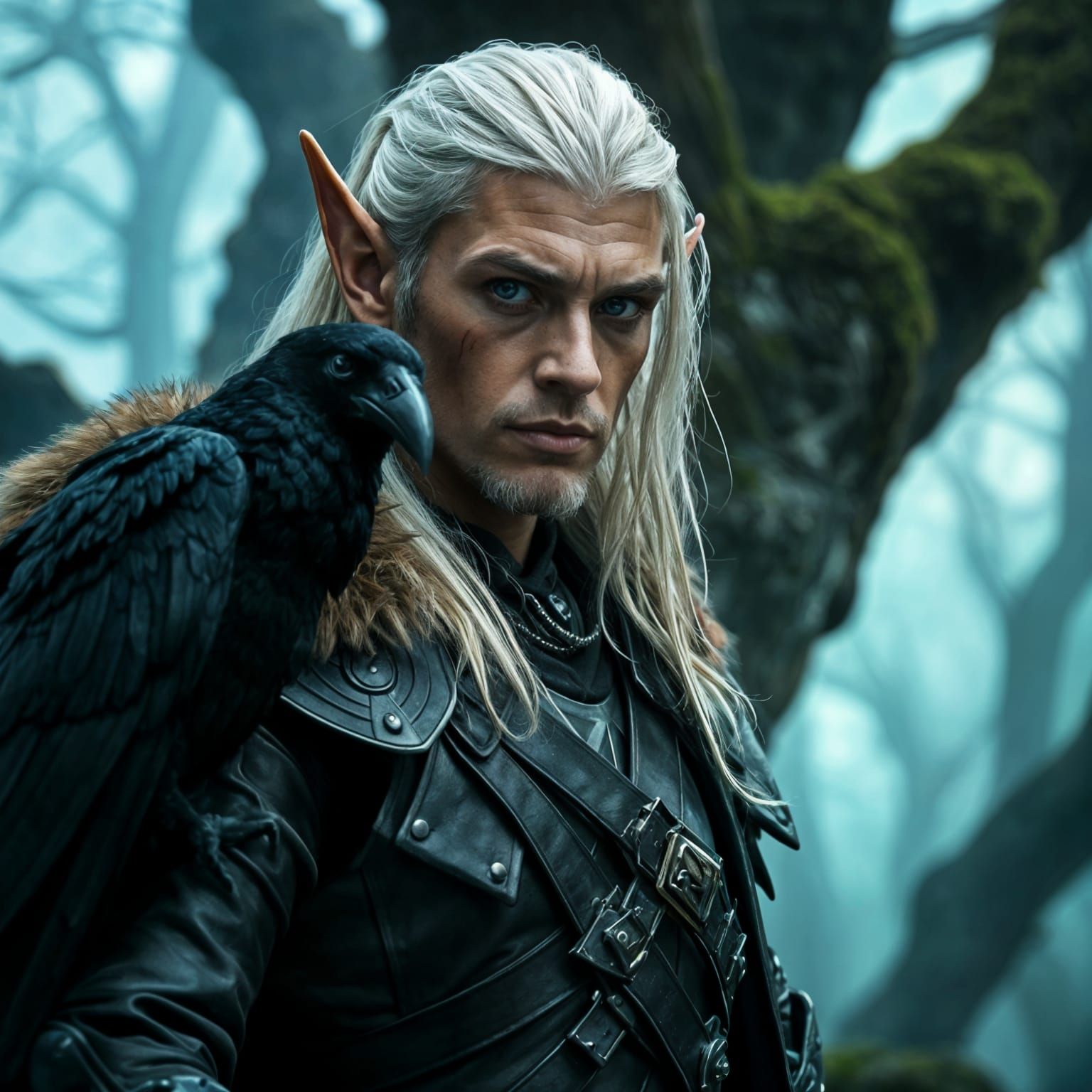 Elf Warrior with Raven in Misty Forest