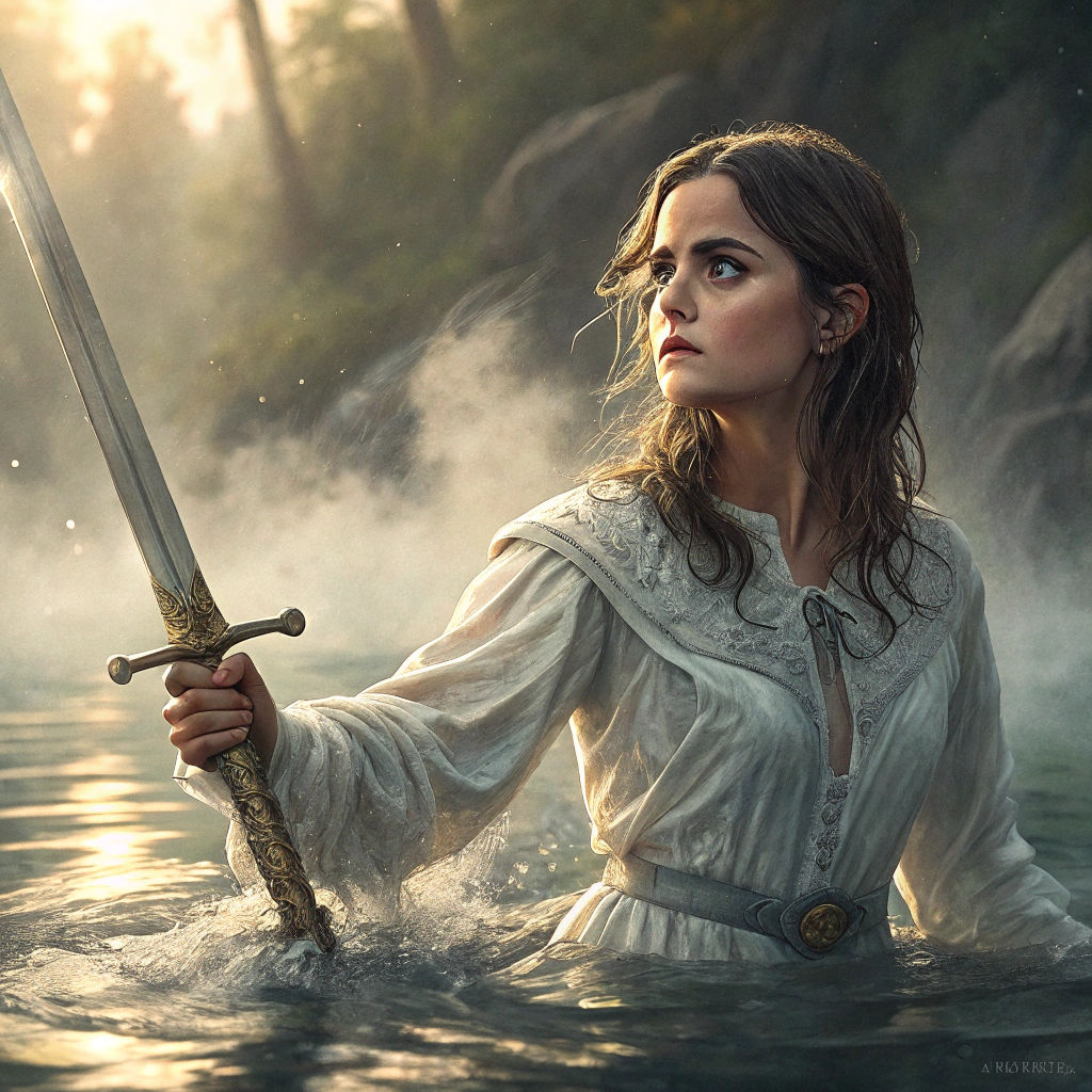 Water-Soaked Woman Emerges from Lake with Excalibur