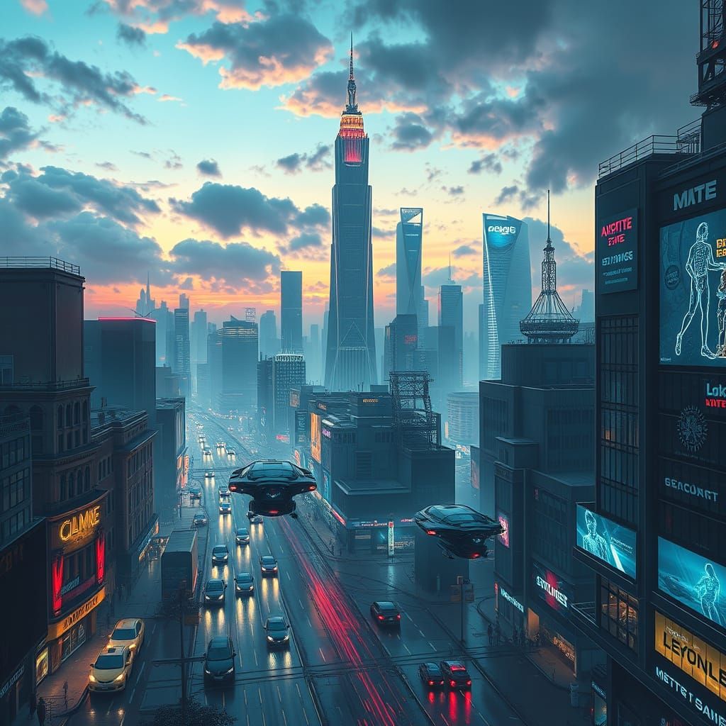 Twilight Futuristic Cityscape with Neon Lights