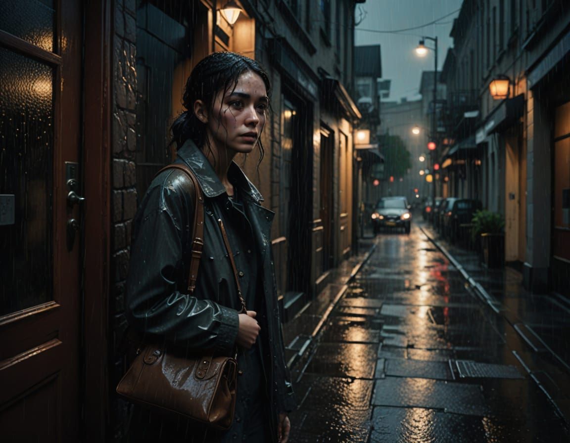 Young Woman Confronts Rainy Night