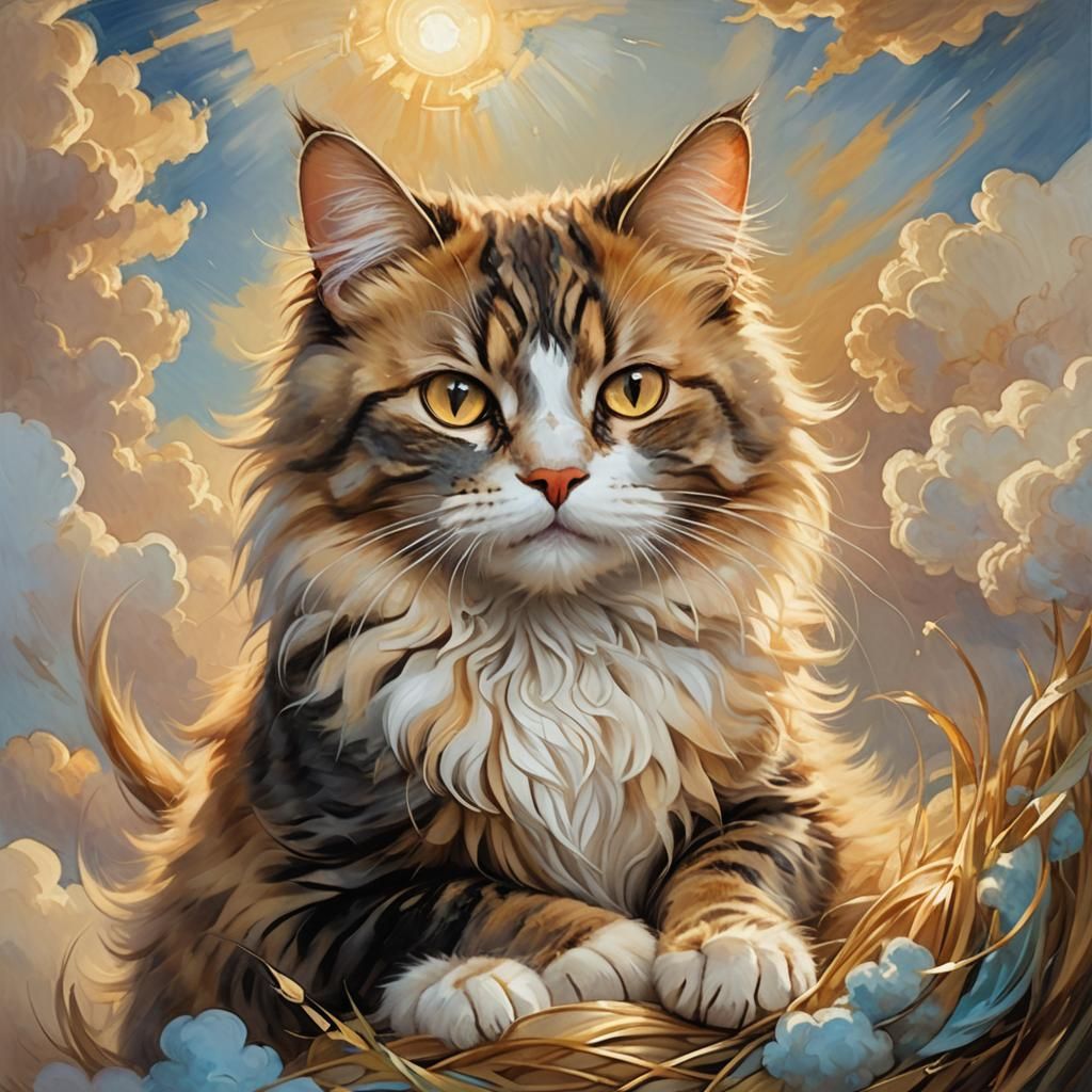 Fluffy Cat Curled Up in Impressionist Style