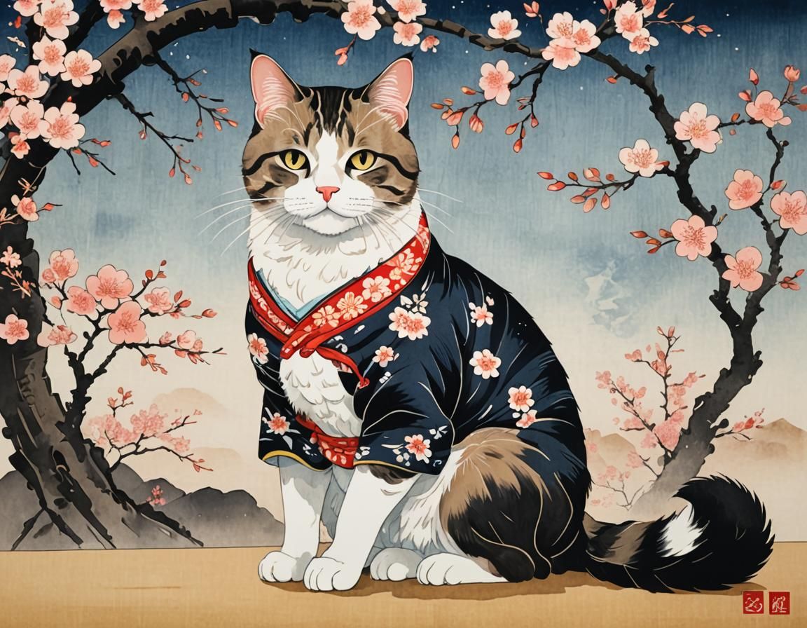 Cat in Kimono: Ukiyo-e Woodblock Style Japanese Art