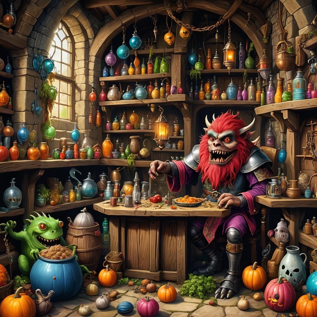 Whimsical Monster in Medieval Alchemist Lair
