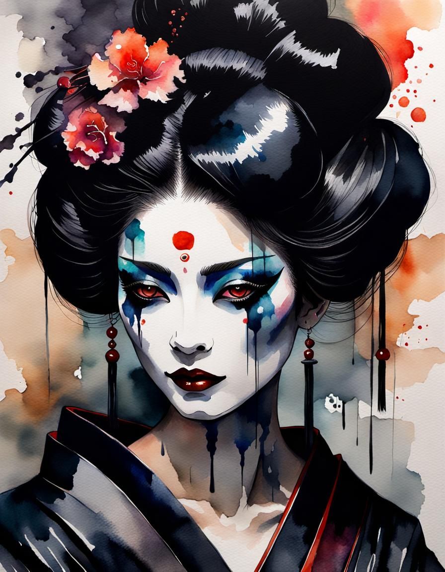 Shadowy Geisha in Dark Cabaret: Watercolor Art