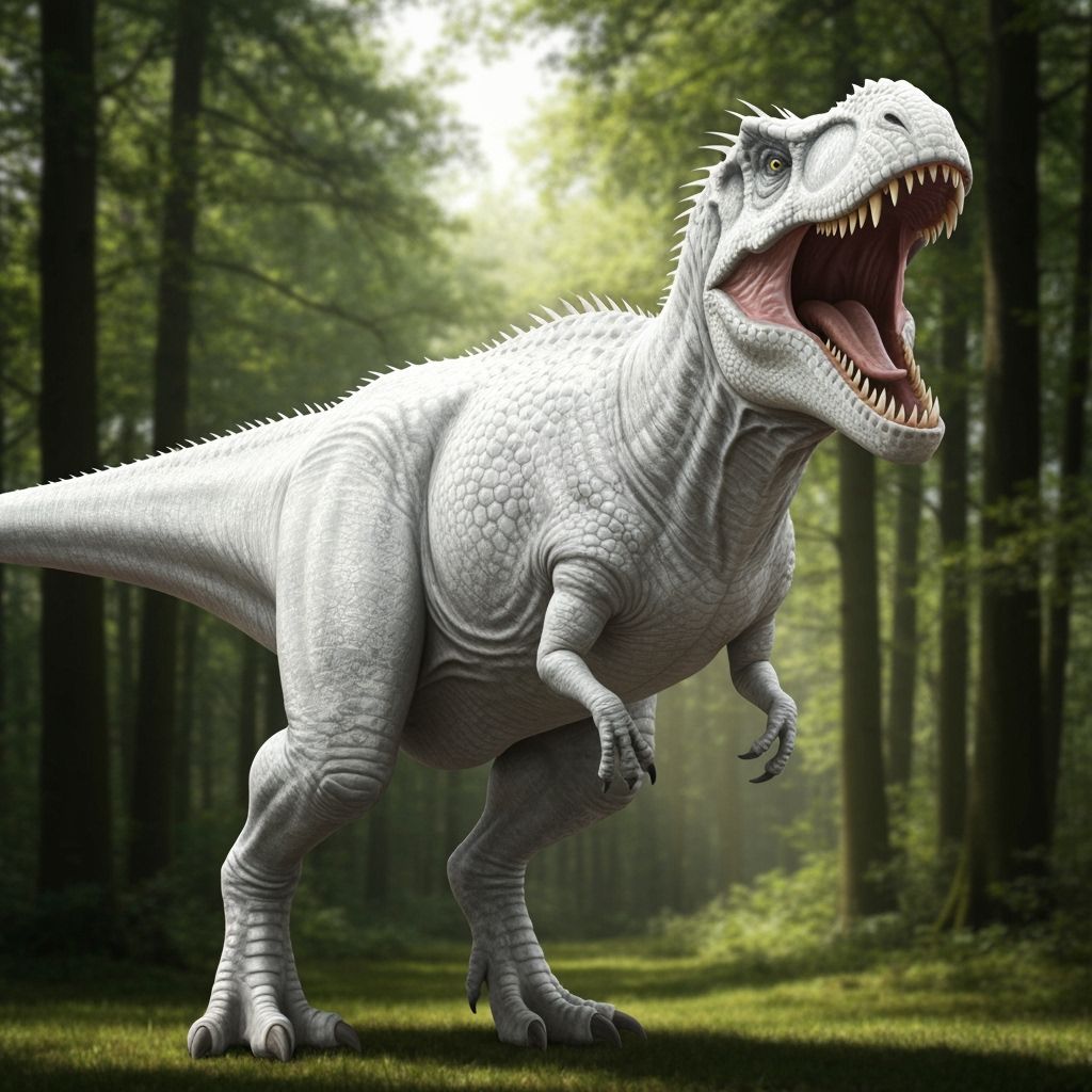 Fearsome White Theropod Dinosaur Roaring in Forest