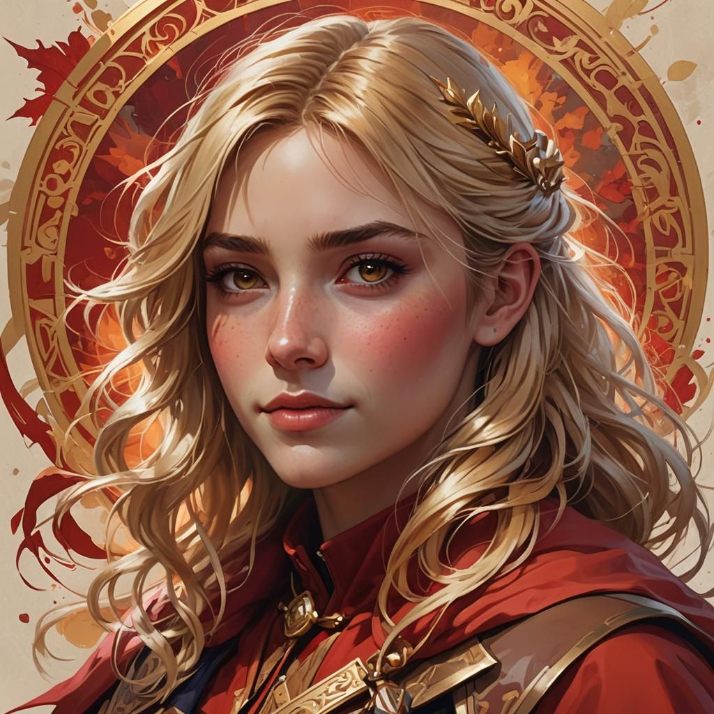 Golden-Haired Girl in Red Tunic: Digital Art Portrait
