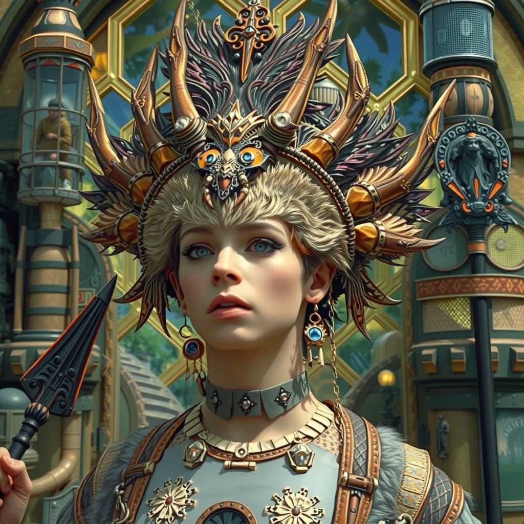 Neanderthal Warrior Faces Futuristic Portal in Steampunk Fan...