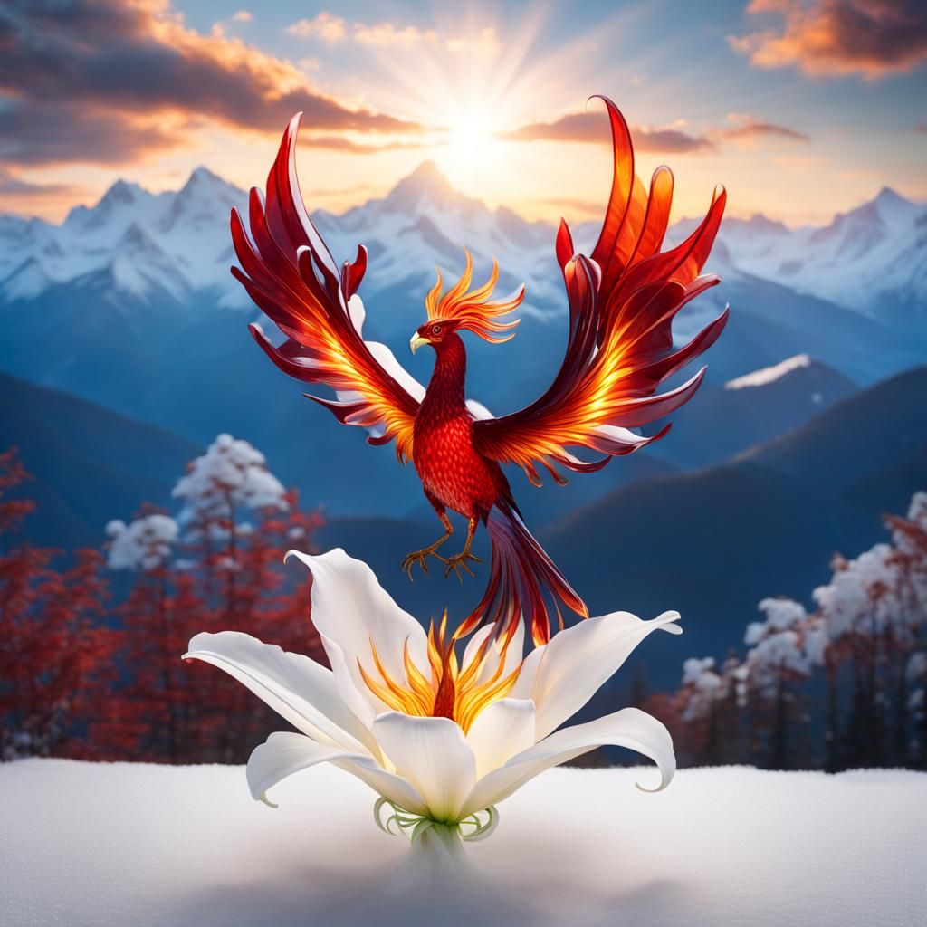 Scarlet Phoenix Rises from Luminous Lily