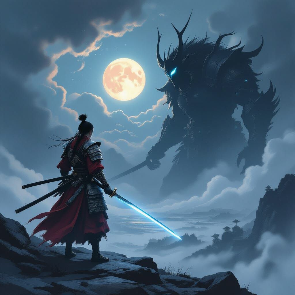 Samurai Warrior Facing Colossal Foe on Rocky Peak