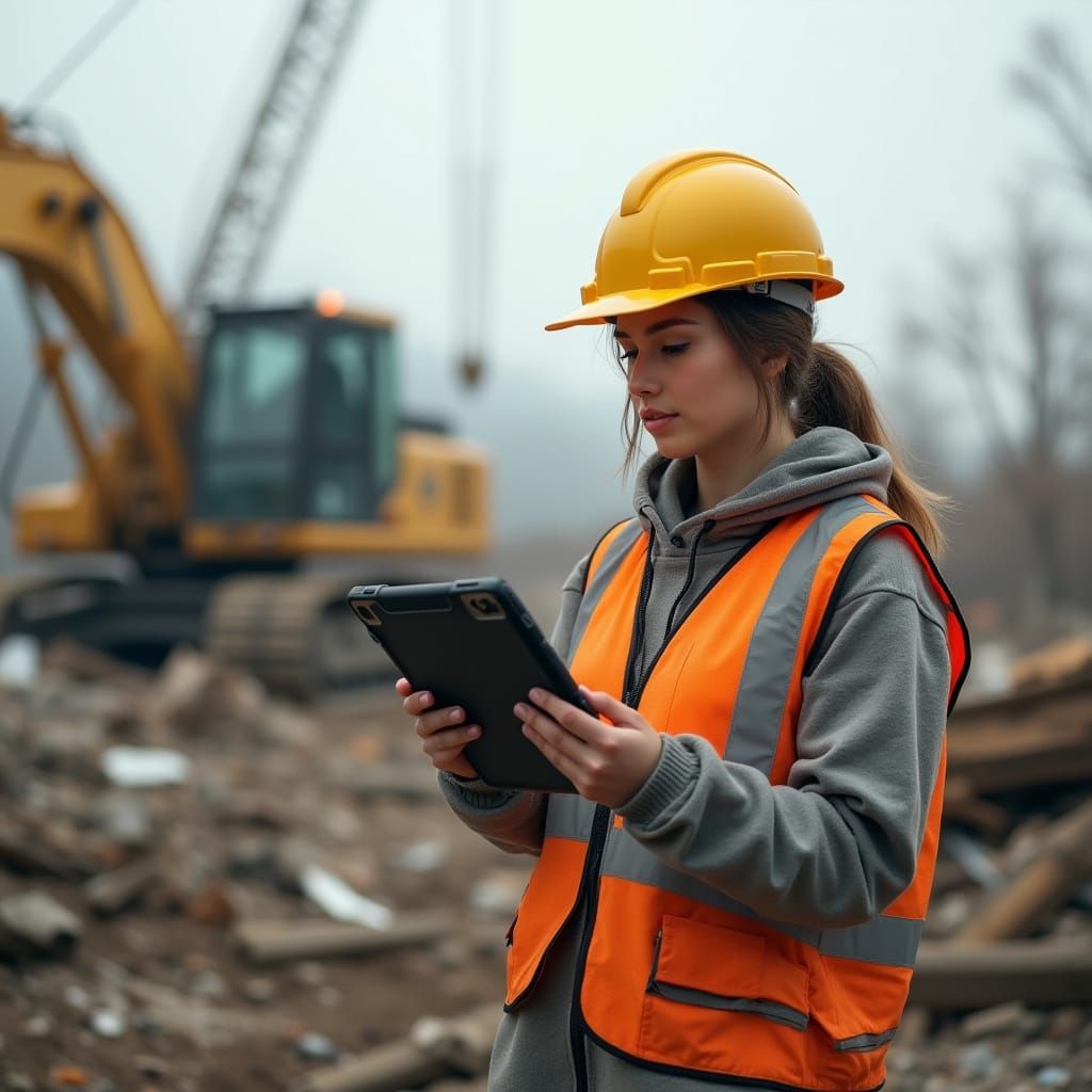 Construction Worker Controls Equipment After Disaster