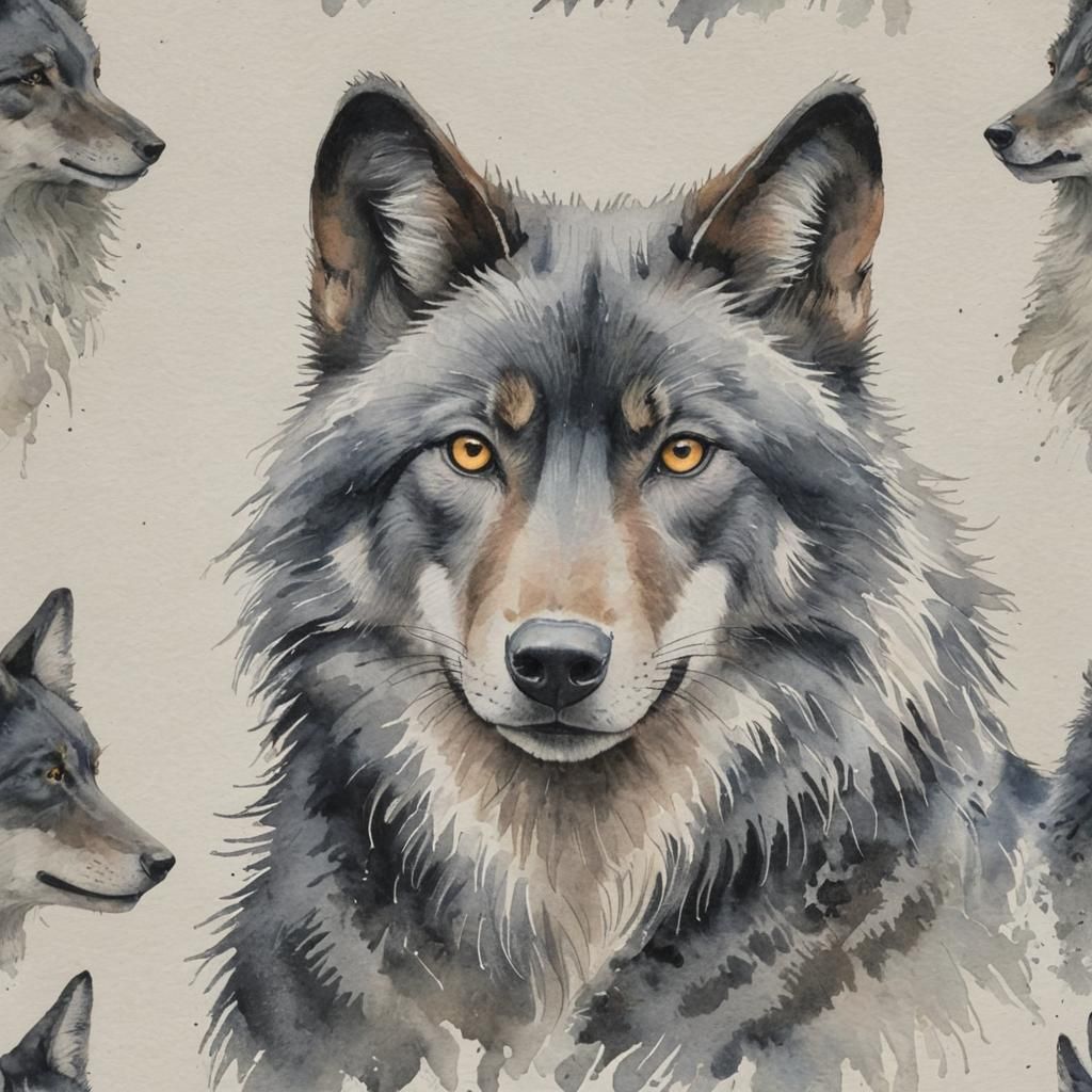 Watercolor Black Wolf Folk Art on White