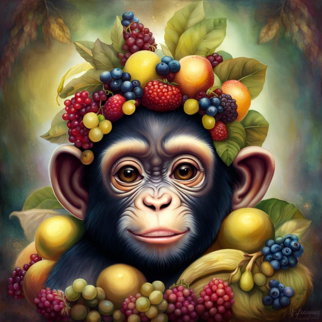 Chimp in Fruit Hat: Detailed Matte Painting