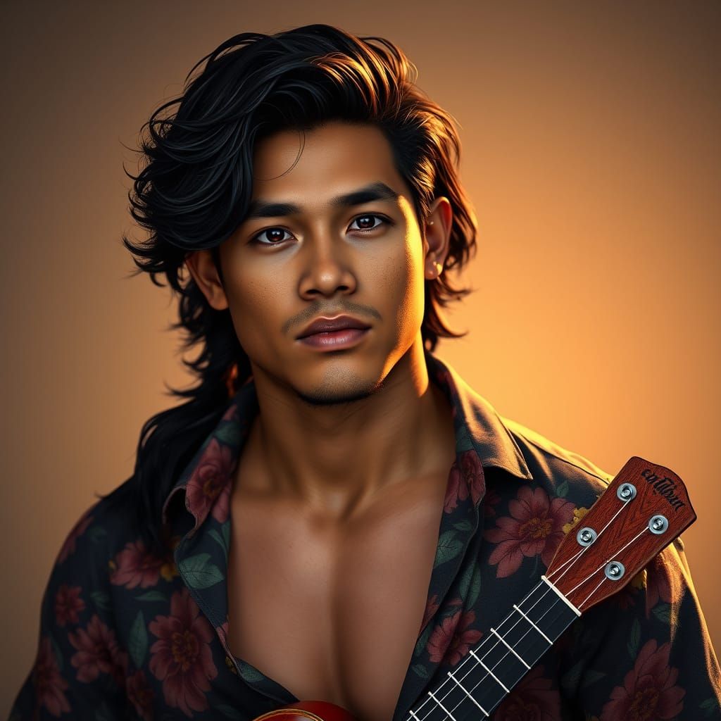 Hawaiian Man with Tribal Tattoo and Ukulele