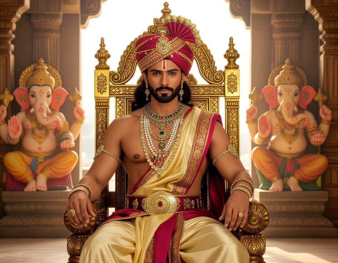 Indian Prince on Golden Throne with Tigers