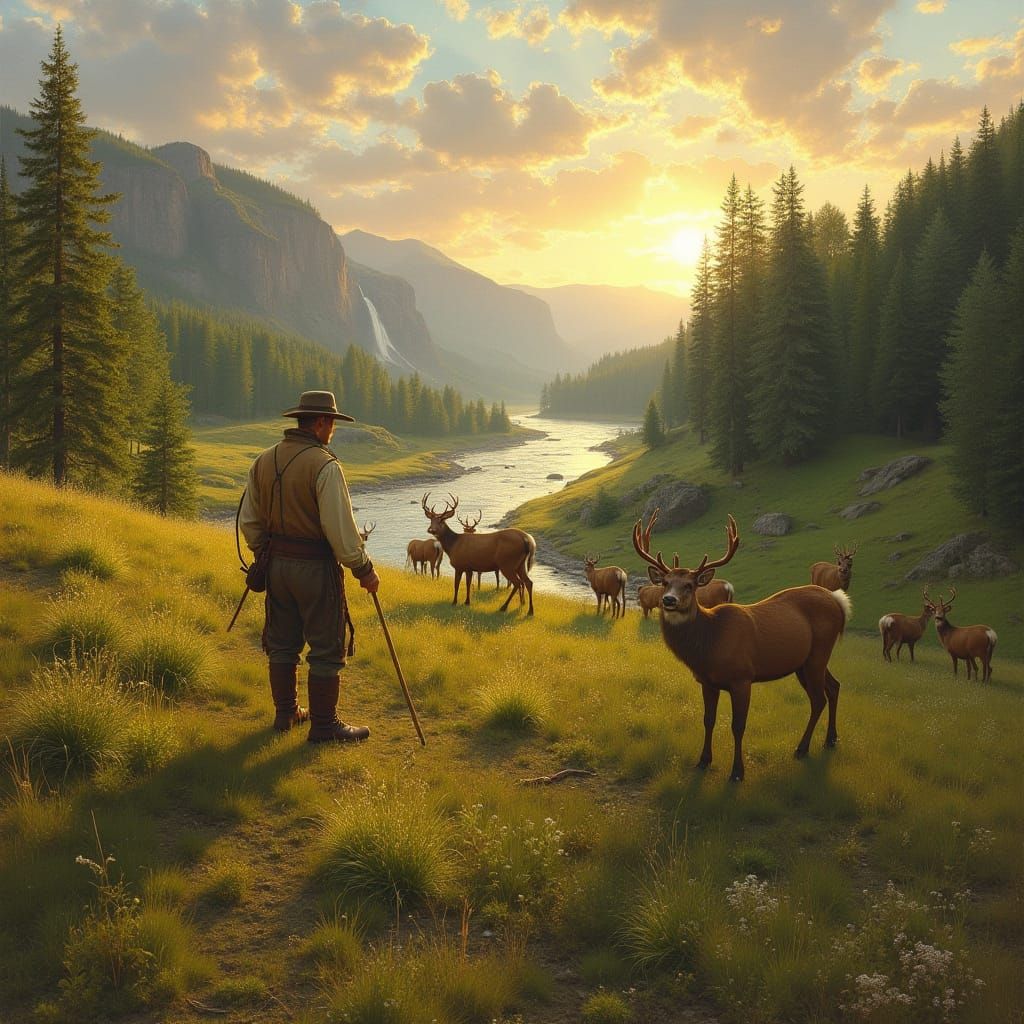 Shepherd and Deer in a Hudson River Landscape