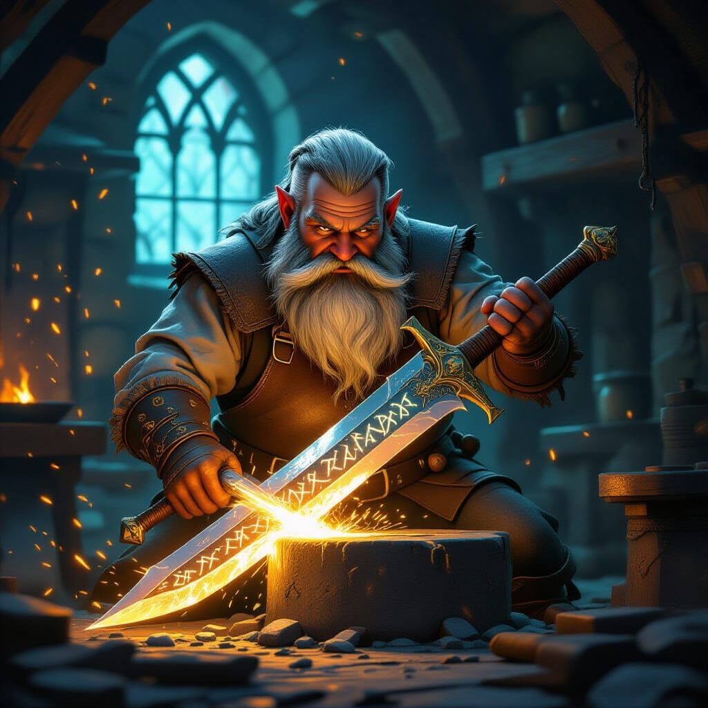 Dwarf Forges Magical Sword in Fantastical Smithy
