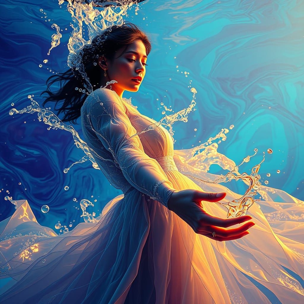 Hyperrealistic Water Goddess in Flowing Gown