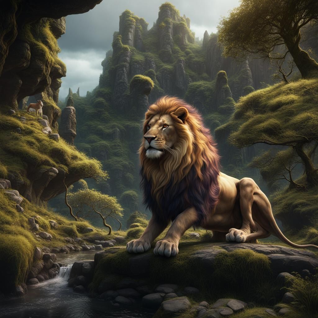 Lion in Fairy Glen: Detailed Matte Painting