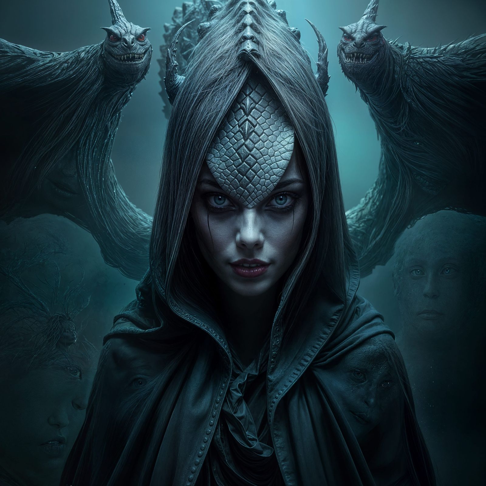 Dark Fantasy Portrait of a Woman with a Monster's Face