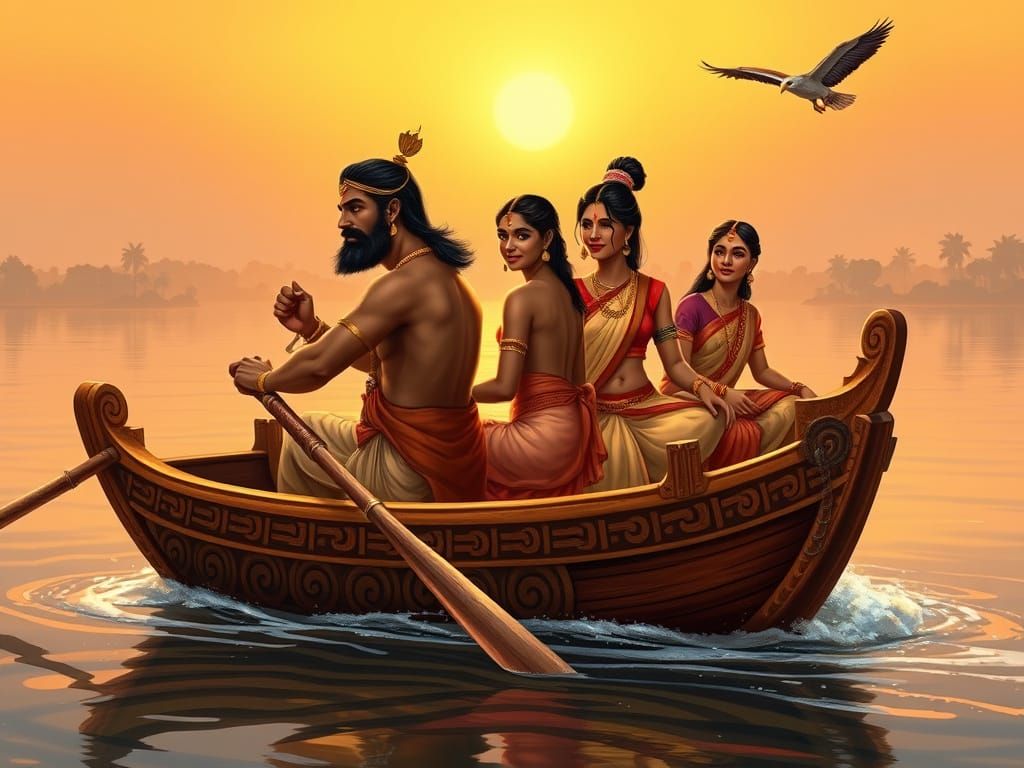 Ramayana Scene in Traditional Indian Rowboat at Sunrise