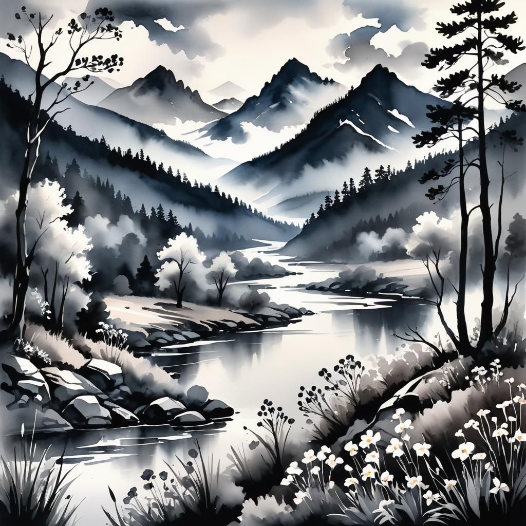 Monochromatic Ink River Valley Landscape