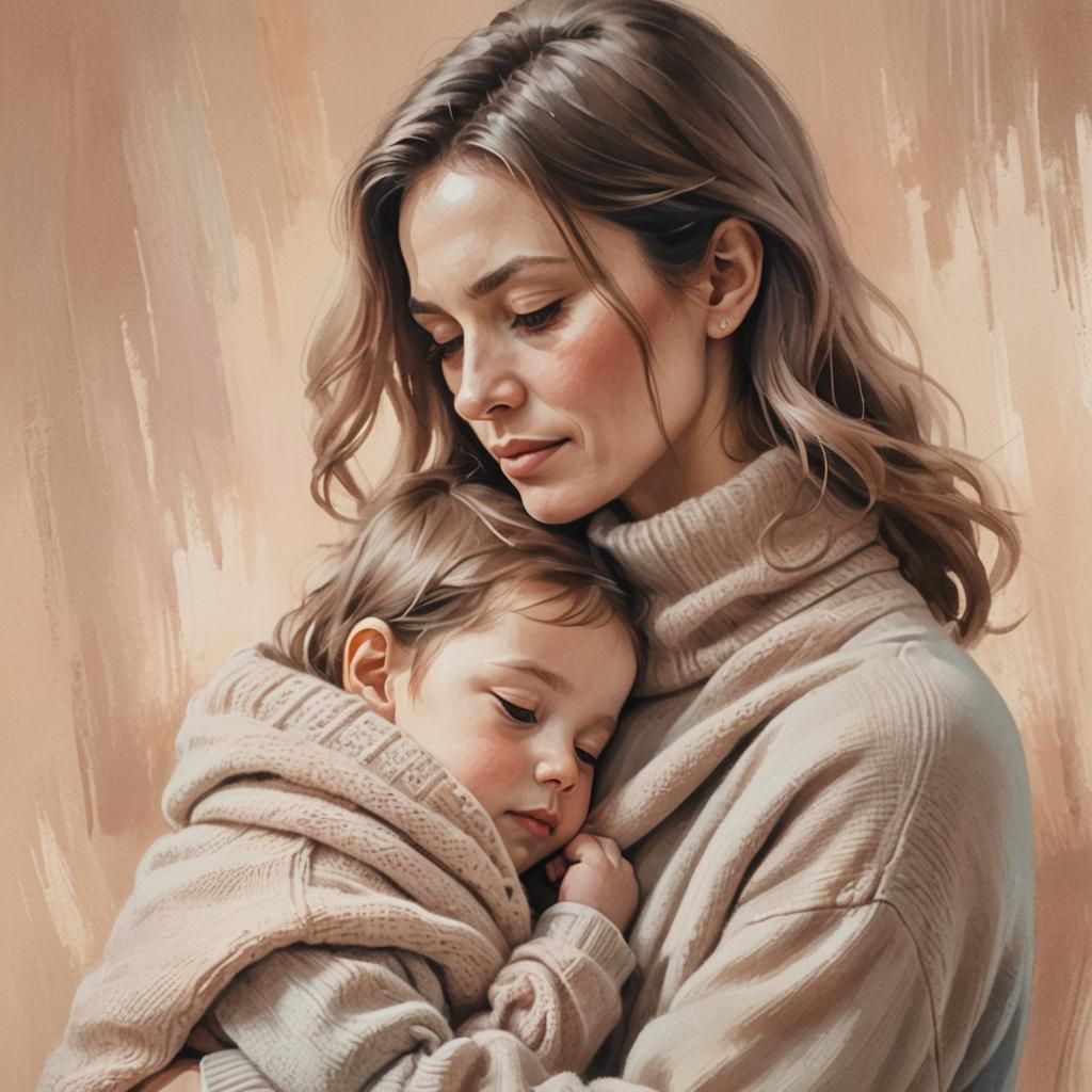 Mother and Baby Cuddle: Soft Pastel Illustration