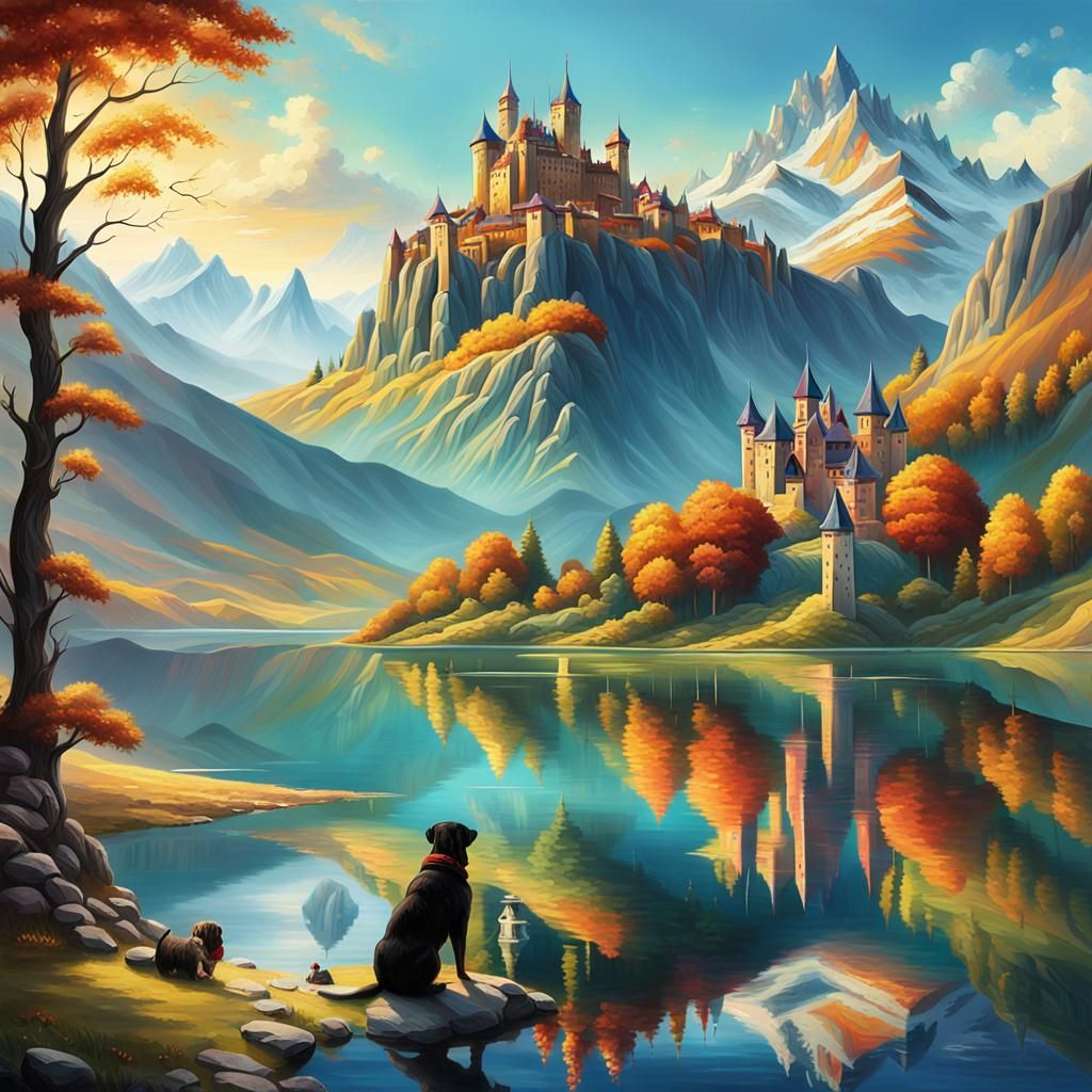 Fantasy Landscape with Lake and Mountain Village
