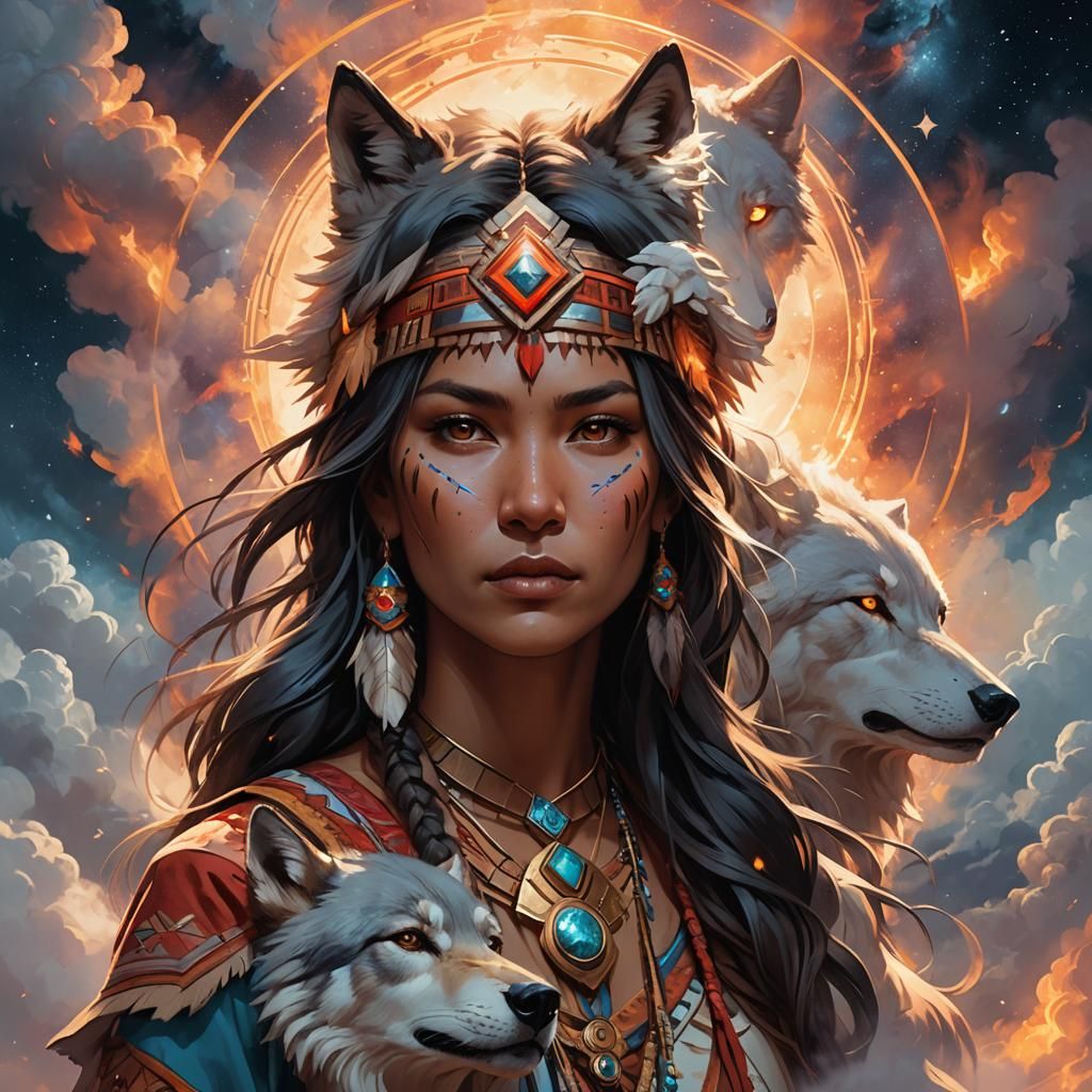 Native American Woman and Wolf Dreamscape Portrait